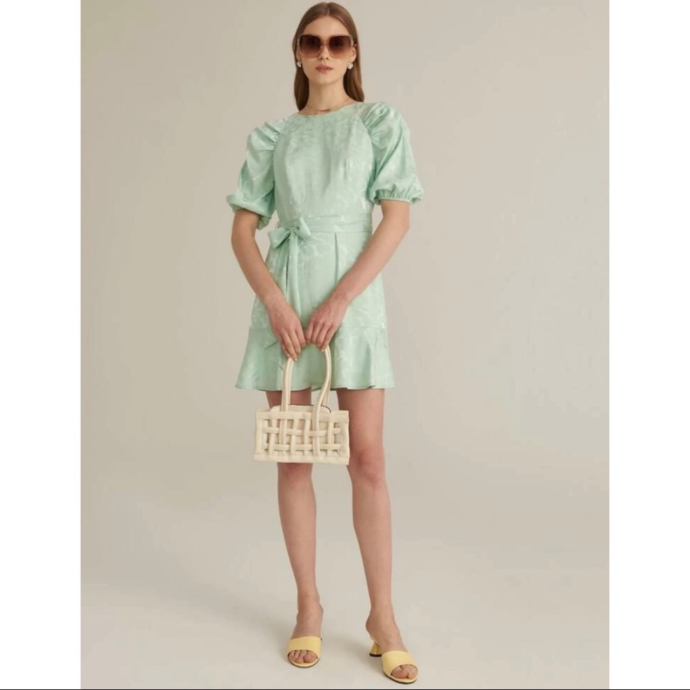 Satin Belted gathered ruffle jacquard dress